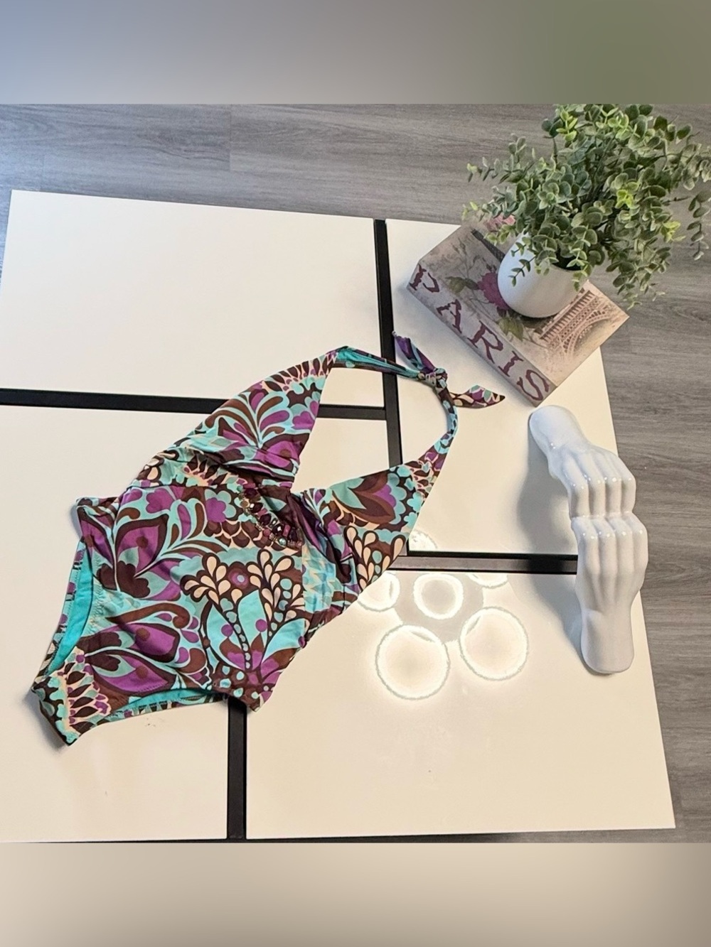 Zingara Luxury One-Piece Swimsuit - Jeweled Halter Neck - Italian Fabric  Size 2